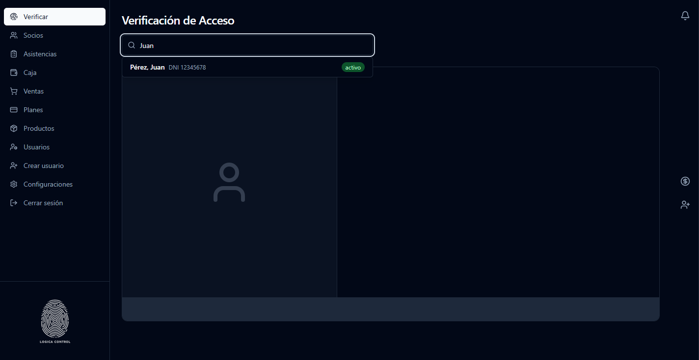 Pantalla de control de acceso de Lógica Control mostrando a un socio y el estado de su membresía